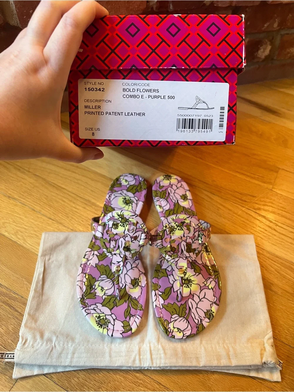 Tory Burch Lavender Purple Floral Printed Patent Leather Miller Sandals